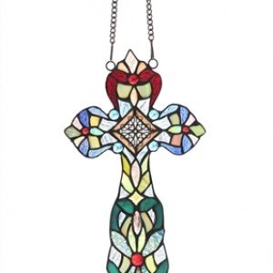 Tiffany Stained Glass Cross Jeweled Window Panel