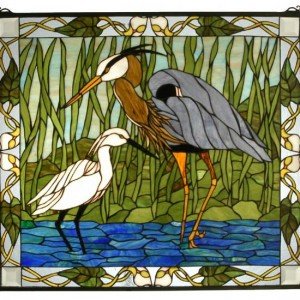 Blue Heron Snowy Egret Art Glass Panel