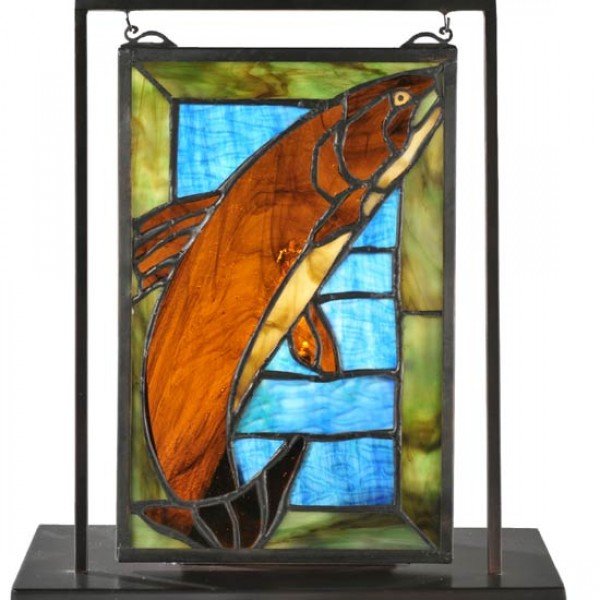 Trout Lighted Tiffany Stained Glass Tabletop Window