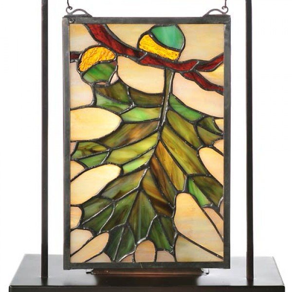 Acorn Leaf Lighted Stained Glass Tabletop Window