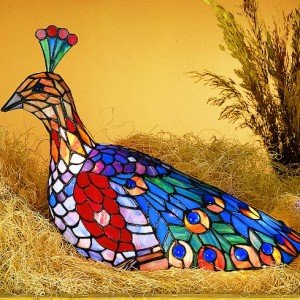 Rainbow Peacock Tiffany Stained Glass Accent Lamp