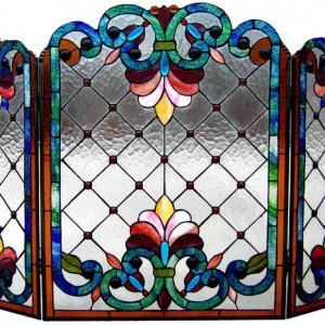 Victorian Burgundy Tiffany Stained Glass Fireplace Screens