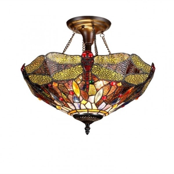 Dragonfly Tiffany Stained Glass Semi Flush Light