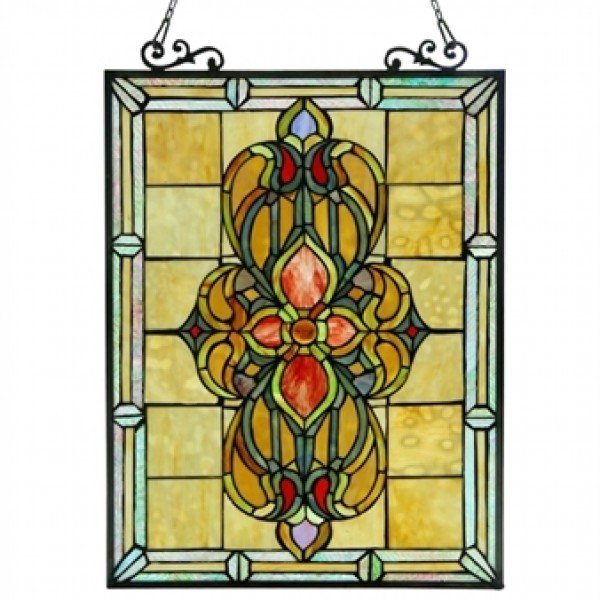 Stained Glass & Cabochons Victorian Design Window Panel 18" x 25" Handcrafted 