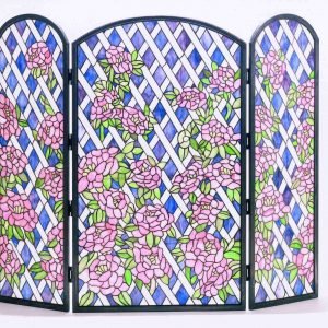 Pink Rose Trellis Stained Glass Fireplace Screen
